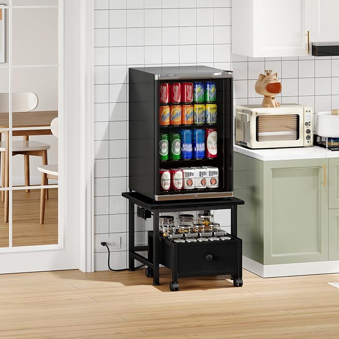 HOOBRO Mini Fridge Stand with Non-Woven Storage Basket and Power Outlet, Mini Fridge Cabinet with Wheels and Adjustable Feet, Mobile Fridge Shelf, for Home, Apartment, Dorm, Black BB355UBX01