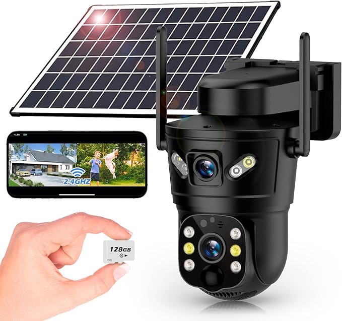 3K Solar Security Camera Wireless,270°Pan 90°Tilt Auto Tracking,WiFi Cam,PIR&AI Human Detection,Color Night Vision,10XZoom,2-Way Audio,128GB SD/Cloud Storage,Waterproof IP66,5.5W Solar Panel