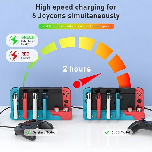 Switch Game Storage with Controller Charger for Nintendo Switch & OLED Model, Switch Charging Dock Charges 6 Joycons, Switch Gaming Accessories Holder Desk, Switch Game Gift Card Organizer (Red＆Blue)