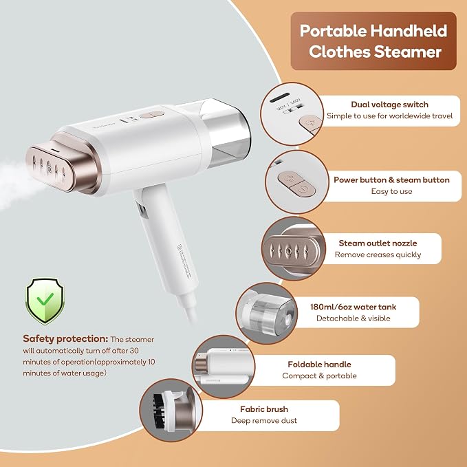 Newbealer Pro Business Travel Steamer, 1200W Dual Voltage, 180ml (Gold) | Foldable & 20s Fast Heat, 360° Anti-Spill Garment Steamer, Solid 1.72 lbs, Auto-Off, for Global Business Trip/Hotel/Office