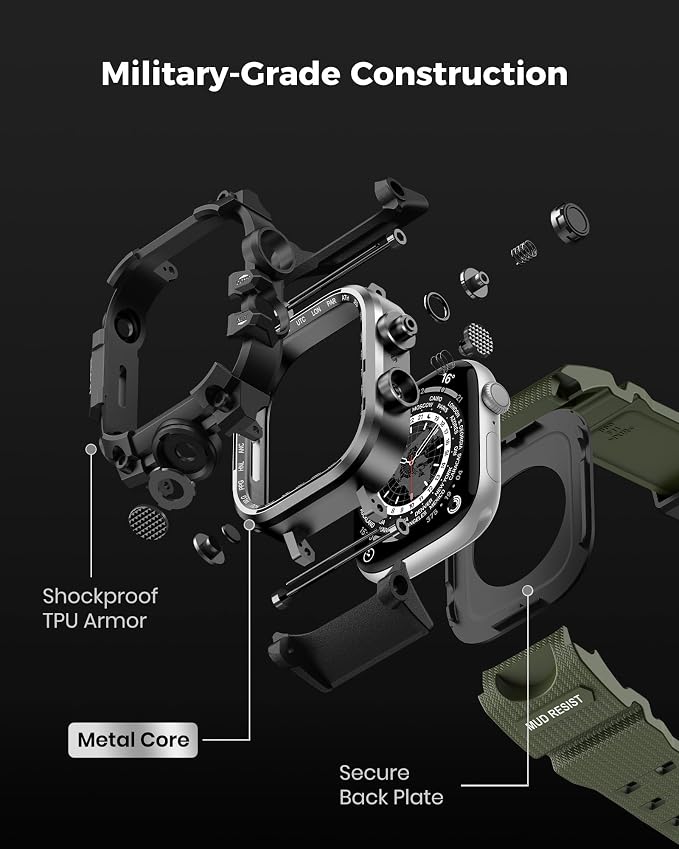 amBand Rugged Case with Band for Apple Watch 45mm, Compatible with Apple Watch (iWatch) Series 9/8/7, Military Grade Shockproof Bumper Cover, Tactical Band for Men, Army Green
