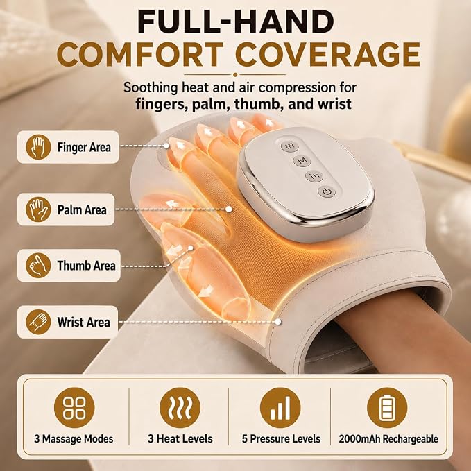 Hand Massager with Heat and Compression, Cordless Electric Hand Massager for Arthritis and Carpal Tunnel Relief, Rechargeable Hand and Wrist Massager for Home Office Travel