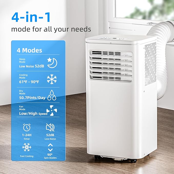 Antarctic Star 8000 BTU Portable Air Conditioner, 4-in-1 AC Unit with Cooling, Dehumidifier & Fan Modes, Sleep Mode, 24H Timer & Remote Control, Moving Wheels & Window Installation Kit