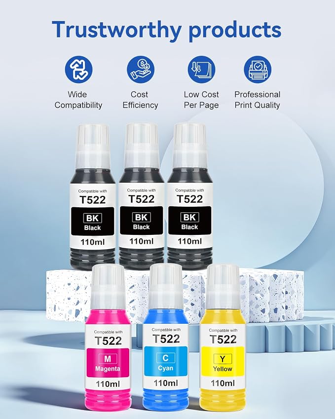 522 High Capacity Ink Refill Bottle (6-Bottles) Replacement for Epson 522 Ink Works with EcoTank ET-2800 ET-2400 ET-2720 ET-2803 ET-2840 ET-4700 ET-4800 ET-4810 660ml Total Black and Color Combo