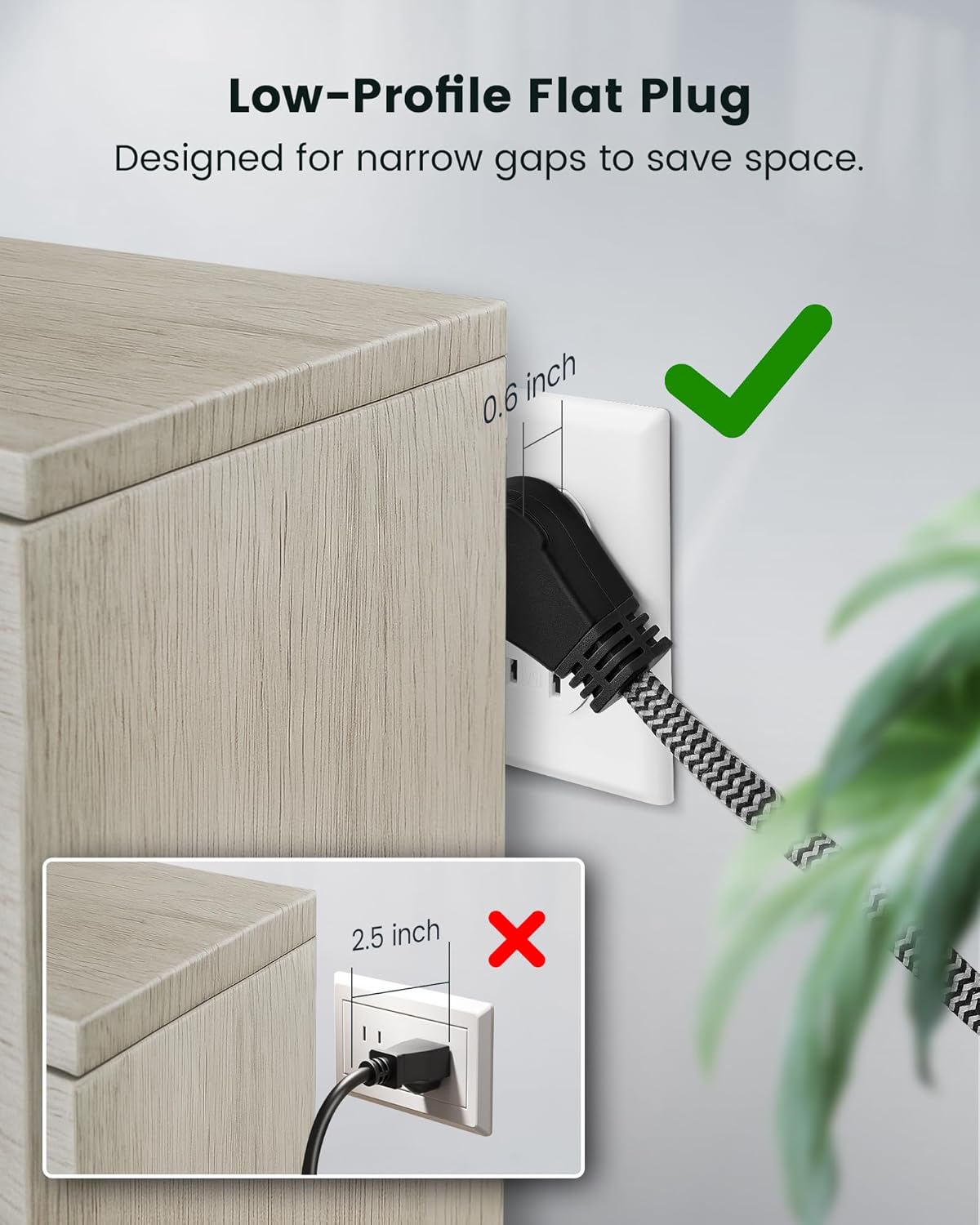 SURAIELEC 2 Pack Flat Extension Cord 3FT, 360° Rotating Plug, Braided Flat Plug with 3 Outlets, 16 AWG Thin Black Extension Cord for Indoor Use, Home, Office, Compact Spaces, ETL Listed