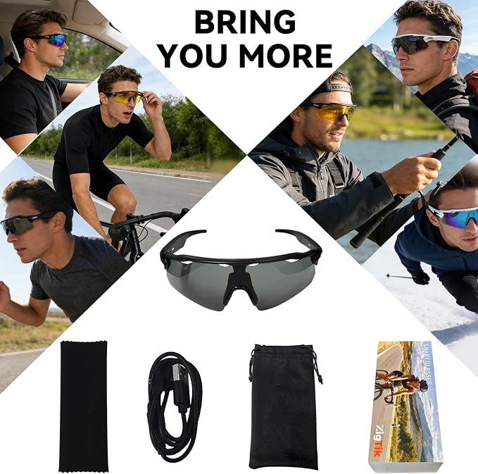Bluetooth Smart Sunglasses for Men Women, Open-Ear Speaker Glasses with Touch Control, UV400 Polarized Lens, 5-6H Playtime for Outdoor Sports,Black and Grey