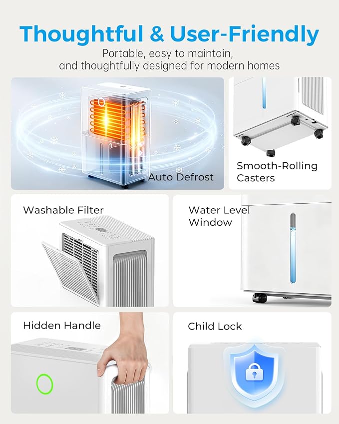 Dehumidifier for Basement with Drain Hose, Dehumidifiers for Home | 30 Pint, 2000 sq ft Coverage, Auto Humidity Control, 24H Timer, Child Lock, Washable Filter, For Bedroom Bathroom, White