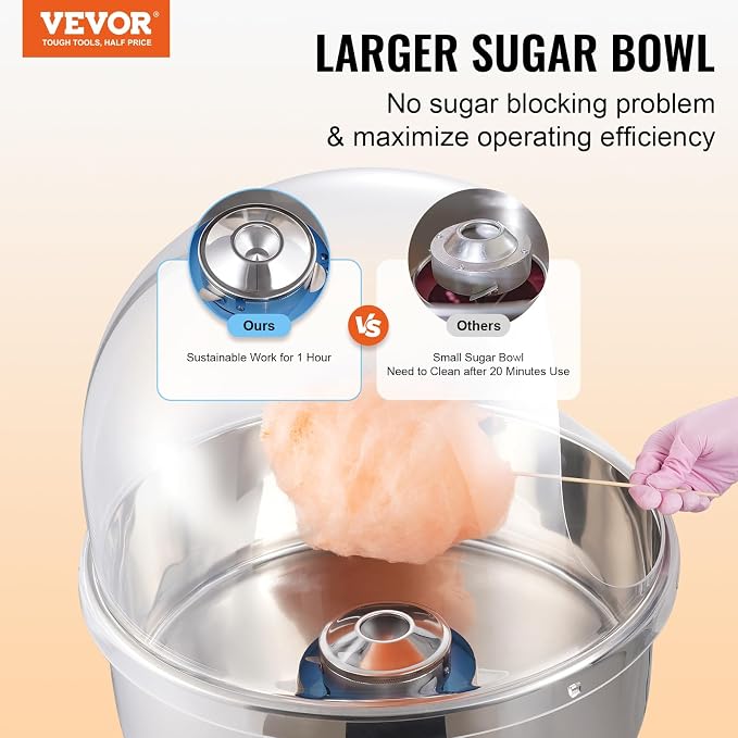 VEVOR Cotton Candy Machine Commercial, 1000W Electric Floss Maker with Cover, Stainless Steel Bowl, Sugar Scoop, Storage Drawer, Perfect for Home, Carnival, Kids Birthday, Family Party, Blue