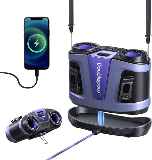 Doublepow 24000mAh Portable Waist Fan, Personal Fan, Dual Air Ducts Motors, 2026 Upgrade Equipped Charging Dock Storm Mode 1-100 Roller Adjustmen, Wearable Neck Clip On Belt, for Outdoor, Work(Patina)