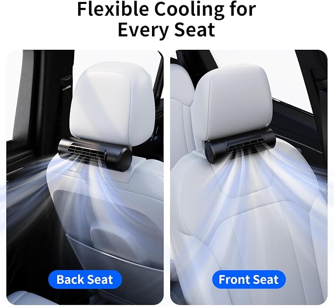 Socool 10000mAh Portable Car Fan Rechargeable Battery Powered, 4-Speed Car Seat Fans for Baby Kids Backseat Cooling, Mini Rear Headrest Neck Fan 70° Tilt Adjustment for RV Truck Van Travel