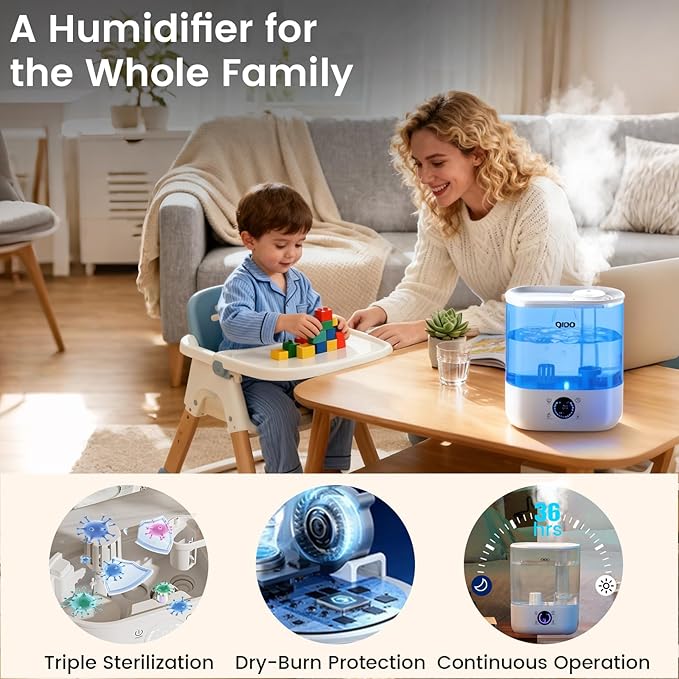 QIDO Top Fill Humidifiers for Bedroom, 5 L Cool Mist 36H Super Long Time, Quiet 28dB Essential Oil Diffuser for Baby & Plants, 3 Adjustable Mist with Touch/APP/7-color Nightlight, Auto Shut-off, White
