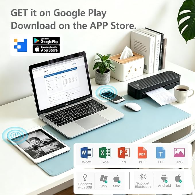 Portable Printer for Travel Bluetooth,Inkless Travel Printer,supports thermal US Letter & A4 & A5 & A6 & A7 & Receipt paper,Compatible with Phone & Laptop and Tablet,with 3 thermal paper rolls.