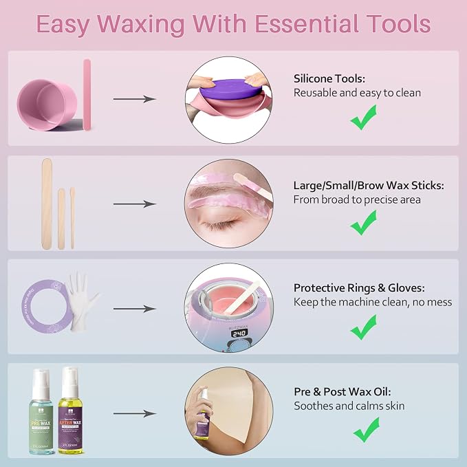 BLITZWAX Brazilian and Bikini Waxing Kit for Women, Hard Wax Warmer for Face, Legs and Body, At Home Hair Removal Kit, Beginner Friendly, Quick Heating, Pink and Blue Gradient Color