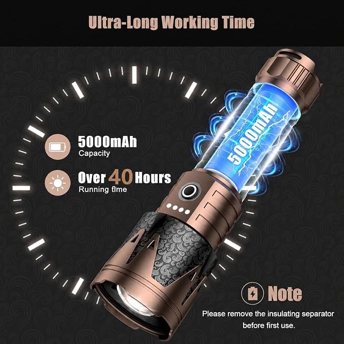 SKYFIRE Rechargeable Flashlight with Ignition Lens,5000 Super Bright Tactical Flashlights High Lumens Zoomable,6Modes,Waterproof LED Flash Light for Camping Essentials Outdoor&Home Emergency-Upgraded