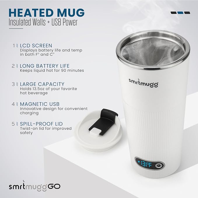 SmrtMugg GO Heated Coffee Mug, Travel Mug, 13.5 OZ. Smart Mug, Battery Powered Heated Coffee Mug, Great for Coffee and Tea, Snap on Magnetic Charging Cord, New and Improved (White)