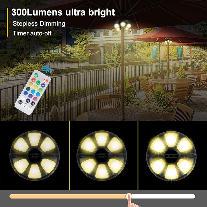 Arixinks 12 Colors Patio Umbrella Light with Remote Control/Cordless Rechargeable or AA Battery Operated Under Umbrella Pole Lights /300Lumens Dimmable/Pole Light for Patio Table Umbrellas Outdoor