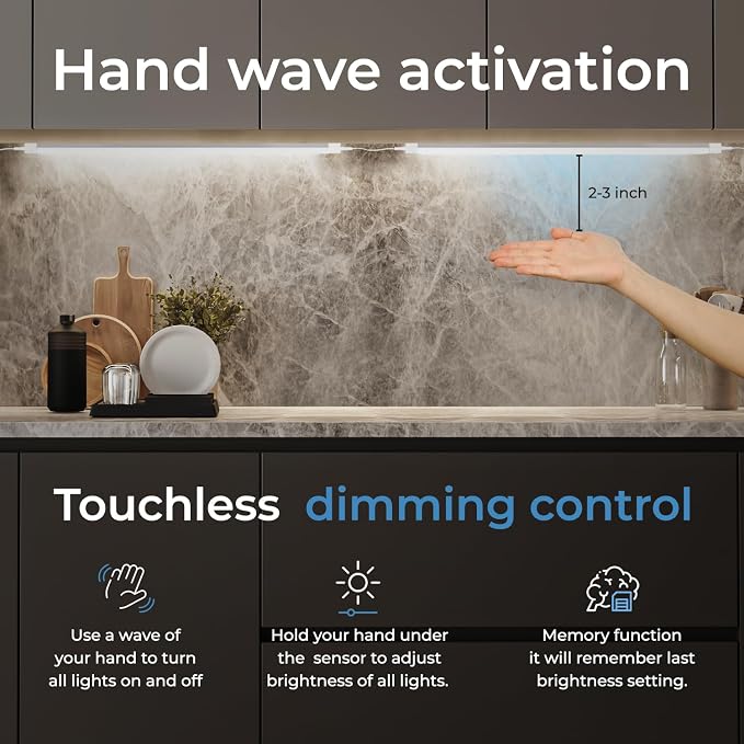 EShine Hand Wave Activated Under Cabinet LED Lighting Kit, Dimmable, 6-Pack 12 in - Touchless Dimming Control, Black Under Counter Lights for Kitchen, Garage, Office, Shelf - Warm White (3000K)