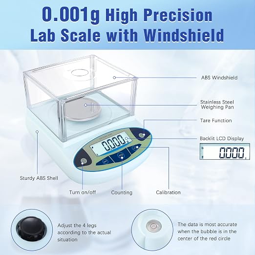 FOUR E'S SCIENTIFIC Lab Scale 300g x 0.001g Accuracy - High Precision Laboratory Analytical Balance with Windshield Digital Scientific Scale Jewelry/Kitchen Scale