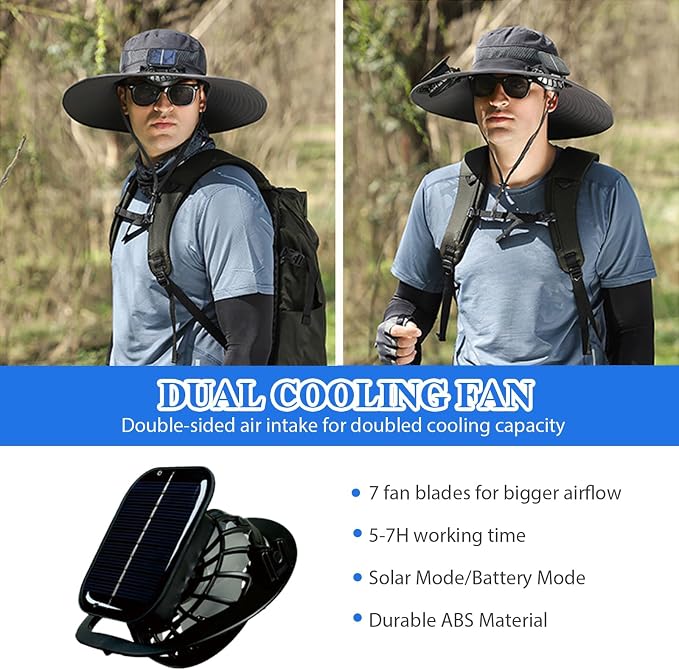 Solar Fan Hat, Wide Brim Sun Hat with 2 Solar Fan, Hat with Solar Fans Built in, Fishing Hat with Fan for Men, Waterproof Outdoor Hiking Camping Fishing