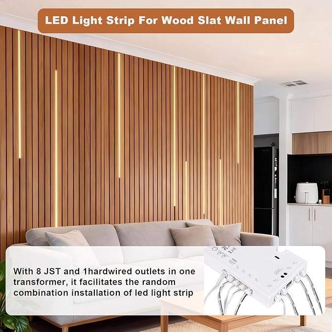 Under Cabinet Led Light Strip kit,2 Roll x 16.4ft Cuttable 3000K COB,Diffused Power with 8 JST & 2 Hardwired Outlets,Touch Sensor for Gun Safe Case,Book Shelf,Floating Shelf,Slat Wall Panel