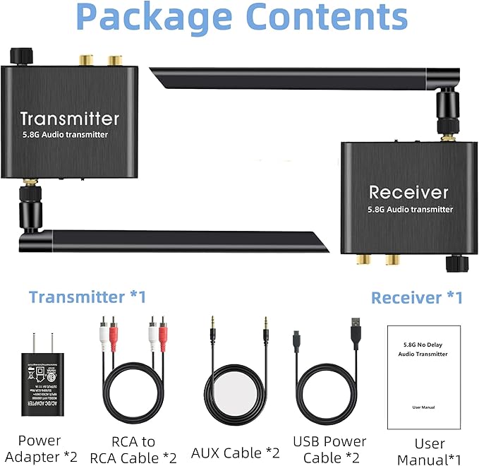 5.8GHz Wireless RCA Audio Transmitter Receiver for TV Pojector,164Ft,9ms Latency, Volume Contral Knob, Used for TV Pojector to Activer Speaker Soundbar AMP
