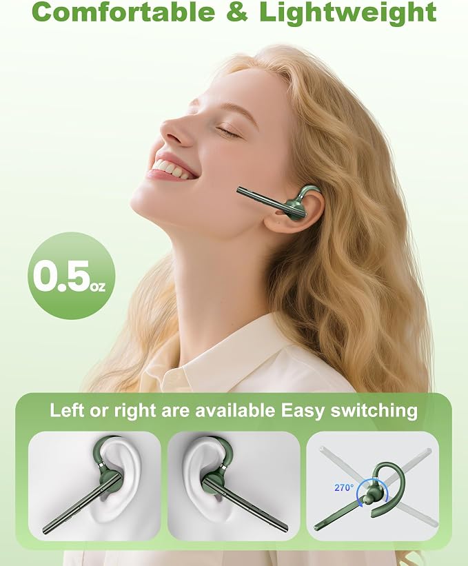 New Bee Bluetooth Headset, Single-Ear Bluetooth Earpiece for Cell Phone Calls, Dual Mic with Mute Button, 72H Talk Time, 500mAh Charging Case Wireless Headset for Phone and Laptop