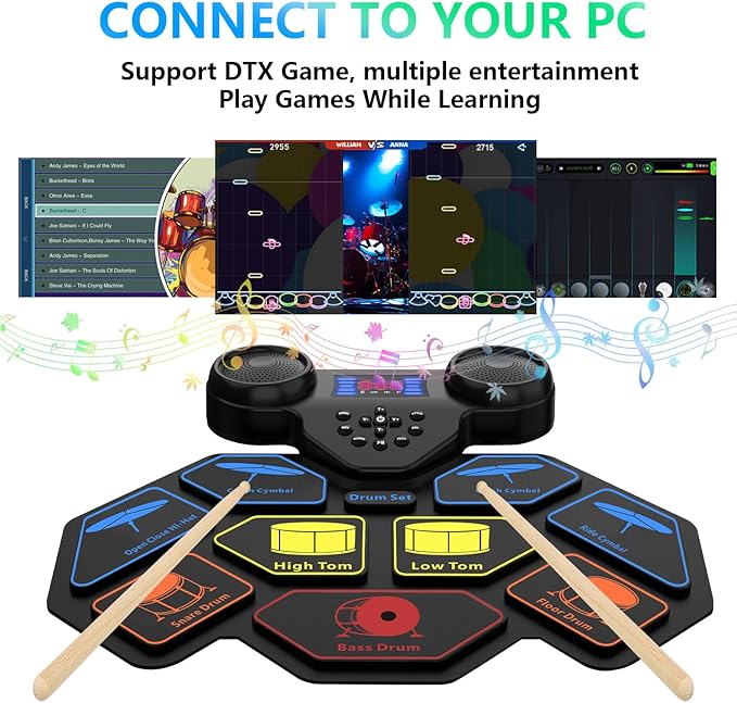Electronic Drum Set - YUOIOYU Electric Drum Set Roll Up Portable Drum Kit MIDI Practice Drum Pad with Dual Built-in Speaker, Drum Sticks and Pedals, Christmas Birthday Gift for Kids Adult