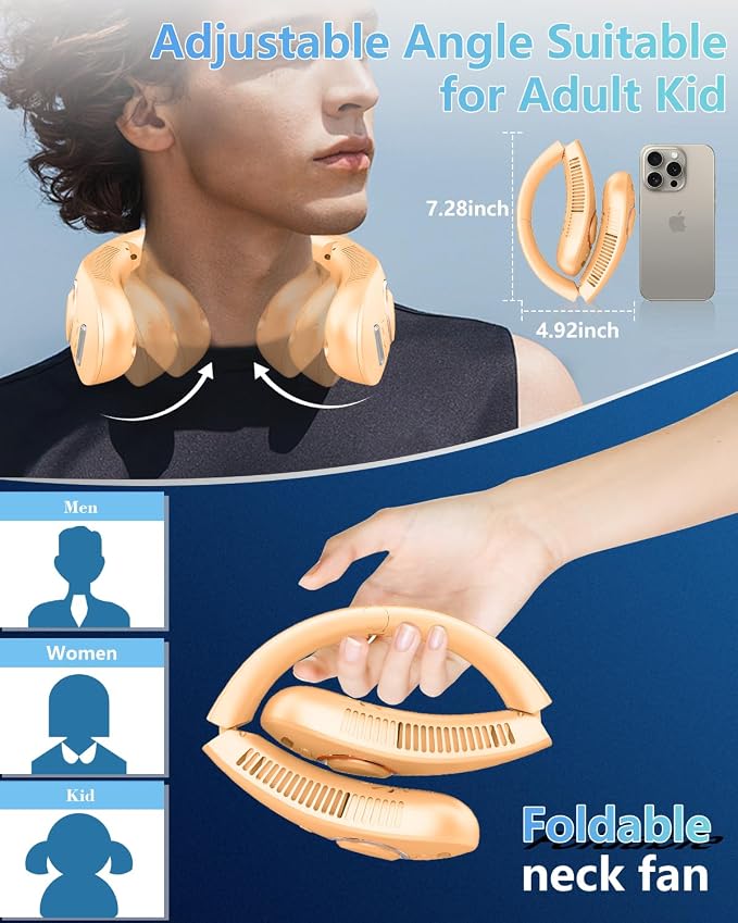 Misting Neck Fan Rechargeable,Battery Powered Folding Fan 5 Speeds,Portable Cooling Neck Fans that Blow Cold Air,Hands Free Fold Up No Blade Personal Fans for Your Neck Summer Best Gifts Apricot