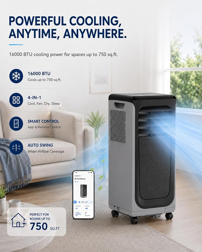 Coolblus Portable Air Conditioners 16000 BTU, Wi-Fi Smart Portable AC Unit for Room Up to 750 Sq.Ft, 3 in 1 Quiet AC with Cool/Dehumidify/Fan, Window Kit, Black-16000BTU-WIFI