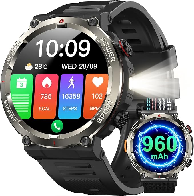 Military Tactical Smart Watches for Men, 1.45" Smart Watch for Android and iPhone, Fitness Tracker Watch with Compass & Flashlight/30-Day Battery/IP68 Waterproof/Heart Rate/120+ Sport Modes(2 Straps)