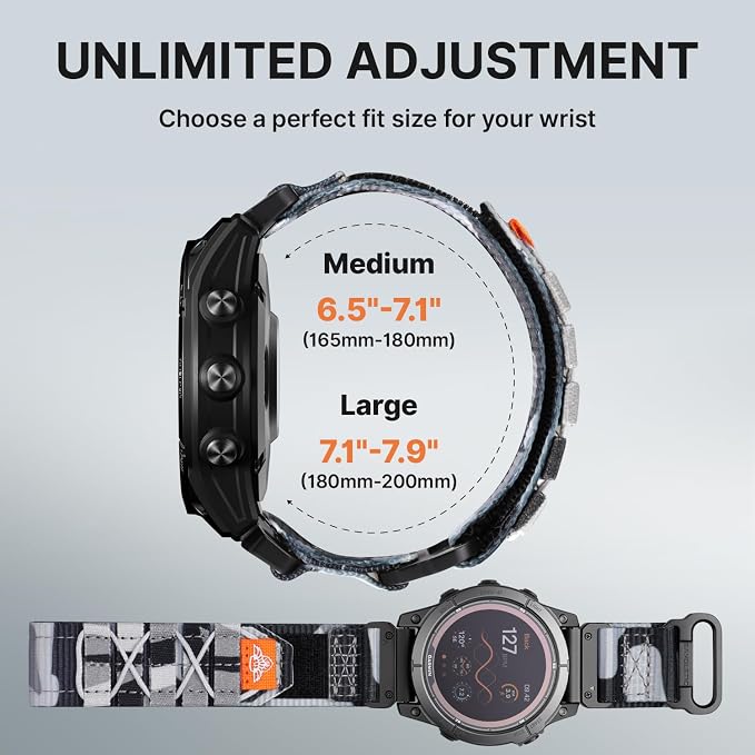 Bandletic 22mm Tactical Military Nylon Watch Band Compatible with Garmin Fenix 8 47mm/7/7 Pro/6/6 Pro/5/5 Plus/Instinct 3 2/Forerunner 970/965/955/945/745/Approach S70/S62/S60/Epix 2 Pro/Quatix 7/6/5