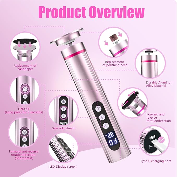 Electric Foot Callus Remover, 2-in-1 Rechargeable Pedicure Tool with Adjustable Speed, LED Display, Sanding Discs & Nail Drill Bits, Professional Electric Foot File for Smooth Soft Feet