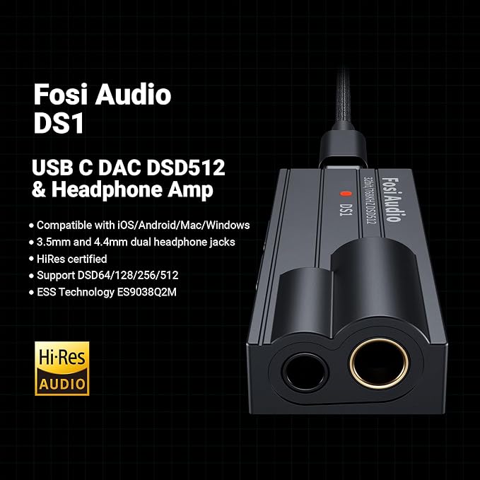 Fosi Audio DS1 USB C DAC Headphone Amp DSD512 ES9038Q2M HiFi Mini Audio Adapter Supports 32bit/768kHz with 4.4MM and 3.5MM Dual Headphones Outputs Compatible with Smartphones/Laptop/PC/Music Players