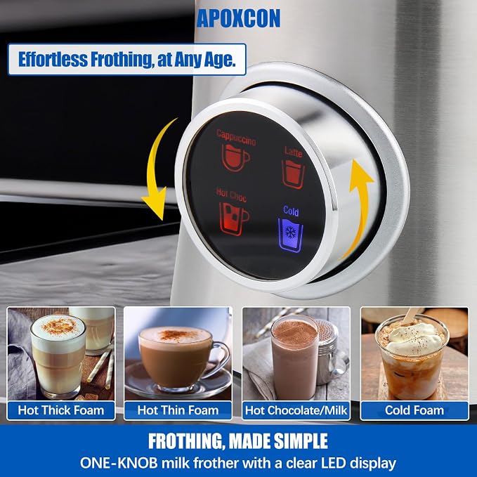 APOXCON Electric Milk Frother and Steamer, 4-in-1 Hot & Cold Foam Maker for Coffee 17oz Stainless Steel Frother Machine with LED Display Rotary Knob Milk Warmer Hot Chocolate Maker Dishwasher Safe