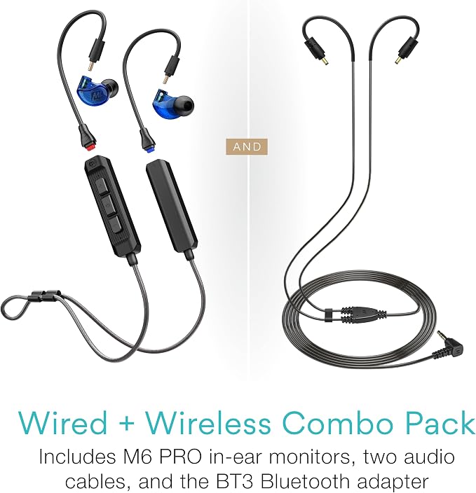 MEE audio M6 PRO Musicians' in-Ear Monitors Wired + Wireless Combo Pack: Includes IEMs, 2 Audio Cables and BT3 Hi-Res Bluetooth Audio Adapter w/aptX, LDAC, Auracast Support, & Built-in Headset (Blue)