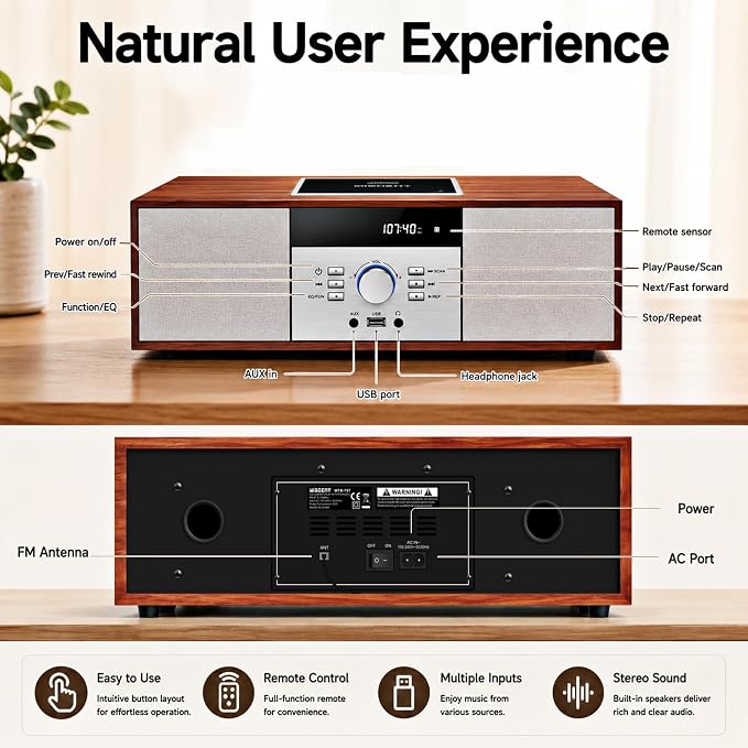 Nostalgic Bluetooth Stereo System for Home, WISCENT Vintage Micro HiFi Systems CD Player,with Bluetooth Audio Streaming,FM Radio,USB Port,Aux-in,Earphone Port (Brown)