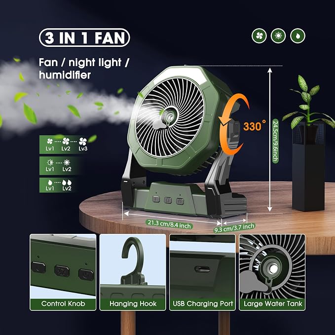 Ausic 10W Solar Fan with Mister, Misting Camping Fan with Solar Panel, Portable Outdoor Fans, 8 Inch Battery Operated Rechargeable Cooling Fans with Water Spray for Travel/Beach/Chicken Coop