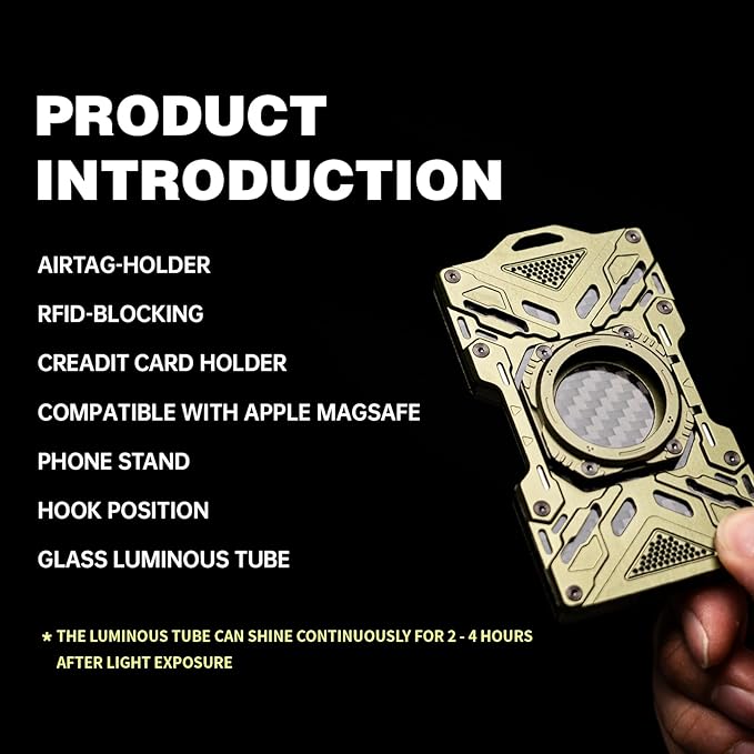 AirTag Wallet for Men – Slim Minimalist Metal Wallet with Carbon Fiber, RFID-Blocking Credit Card Holder, Front Pocket Wallet with Glass Luminous Tube & Hook Position Green