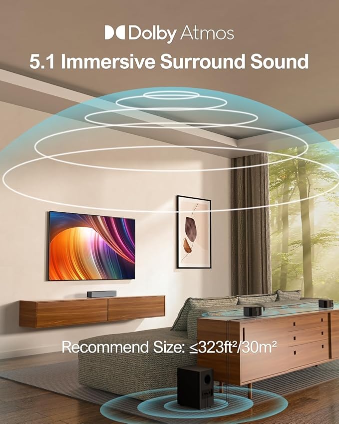 ULTIMEA 5.1 Sound Bar for Smart TV, with Dolby Atmos, 410W Peak Power, Surround Sound System for TV, Wireless Subwoofer Bass Boost, Surround Adjustable, APP Control, Poseidon D60(New 2025 Model)