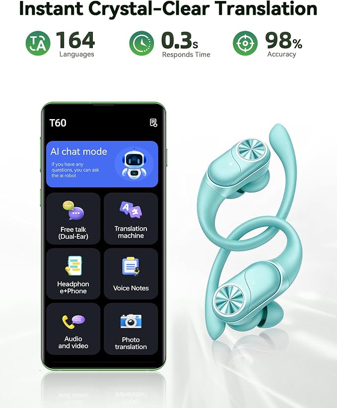 PocBuds Bluetooth Headphones Wireless Earbuds 80hrs Playtime Wireless Charging Case Digital Display Sport Ear buds with Earhook Deep Bass IPX7 Waterproof Over-Ear Earphones for Phone Laptop Mint Green
