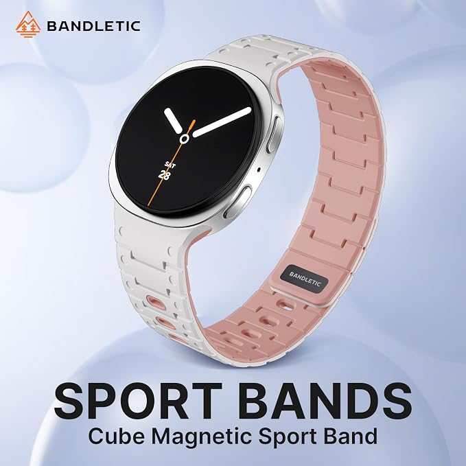 Bandletic Silicone Magnetic Band Compatible with Samsung Galaxy Watch 8 40mm 44mm / 8 Classic 46mm 2025, No Gap Soft Sport Wristbands Breathable Replacement Strap for Men Women, White/Pink