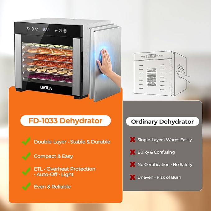 OSTBA Food Dehydrator, 8 Stainless Steel Trays, 95–165℉ Adjustable Temperature, 48h Digital Timer, Double-Layer Food Dryer for Fruit, Vegetable, Jerky, Herb, 650W Home & Commercial Use
