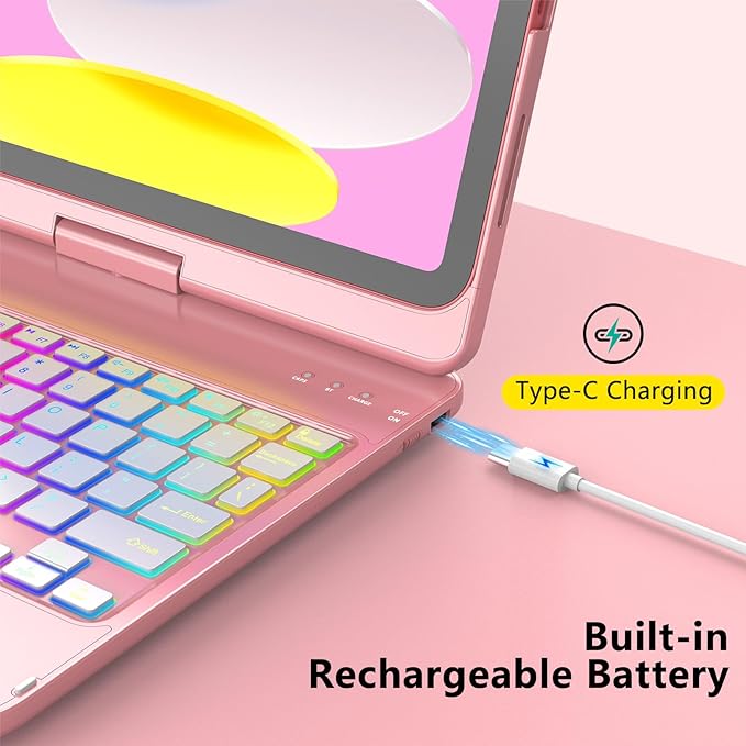 Touch Keyboard Case for iPad A16 11th Generation 2025/10th Generation 10.9 inch 2022,360° Rotatable for iPad 10th Generation Case with Keyboard- 10 Color Backlight Keyboard Case with Pencil Holder