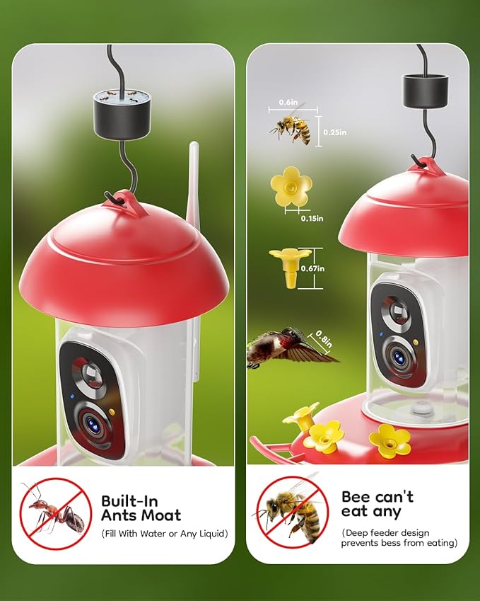 LongPlus® Hummingbird Feeder with Camera for Outdoors Solar Powered,Smart Bird Camera with 2K Live Video,Ant Guard Base,AI Identify Bird Species,Ant Moat,Bee Proof with 3 Feeding Ports,Gifts Ideal