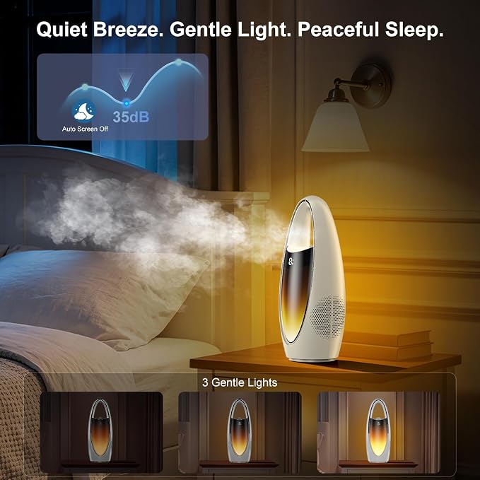 KONSIDEN Bladeless Misting Desk Fan, 13 Inch Rechargeable 3500mAh Quiet Small Personal Table Fan, 9 Speeds & 9H Timer, 60° Oscillation, 180ml Water Tank & Night Light for Bedroom Office Home Outdoor