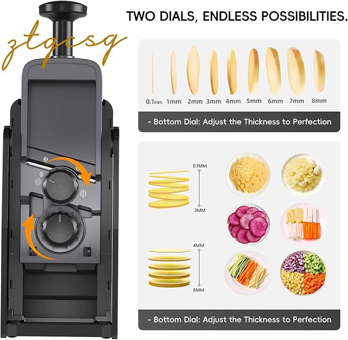 [7 in 1 ] Vegetable Slicer for Kitchen, Safe Mandoline Slicer, Adjustable Veggie Potato French Fry Cutter, Wider Tray & Stainless Steel Grater & Filter Basket & Lid & Cleaning Brush (Black Pro)