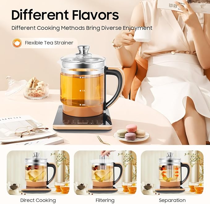 1.8L Electric Glass Kettle, 800W Health Pot with Temperature Control, 12 Independent Warming Stages, 18 Menus, Tea Infuser, Egg Steamer, Portable Kettle for Fragrant Tea, Coffee
