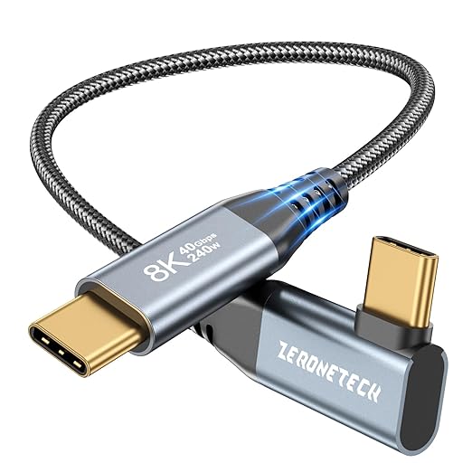 ZeroneTeck 12 inch USB C for Thunderbolt 4 Cable 1FT, 40Gbps High Speed Data Transfer Short, Right Angle 8K@60Hz Monitor Video Output, 240W PD Charging 90 Degree, for SanDisk,SSD,MacBook,iPad,KYY,Dell