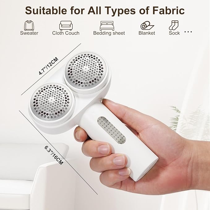 Fabric Shaver, Handzee Electric Lint Shaver, Dual Motor Sweater Shaver, Fabric Pilling Remover, Powerful 2 Gear 6-Leaf Blades, Portable Defuzzer Clothes Fuzz Remover for Sweater Furniture (White)