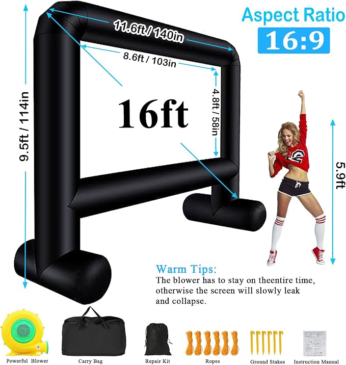 16FT Inflatable Movie Screen Outdoor, Blow up Projector Screen Support Front & Rear Projection for Backyard Outdoor Movie Night Barbecue Pool Party with Blower and Carry Bag